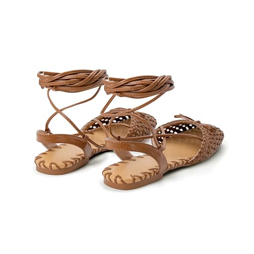 Image of Woven Ballet Flats for Women Lace Up Closed Square Toe Summer Sandals Dressy Shoes