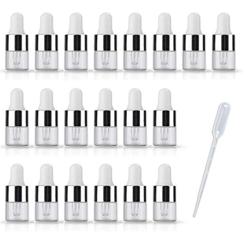 20Pack Set 1ML Glass Bottles with Glass Eye Dropper Dispenser for Sample Vial Small Essential Oil Bottle with Glass Eye Dropper, Colognes & Perfumes (Sliver-Clear)