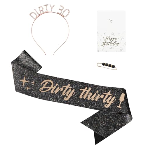 Frutain 30th Birthday Decorations for Her Glitter Dirty Thirty Birthday Sash & Rhinestone Headband & Pearl Pin & Happy Birthday Card Set for Women Happy 30th Birthday Party Favors Gifts (Black)