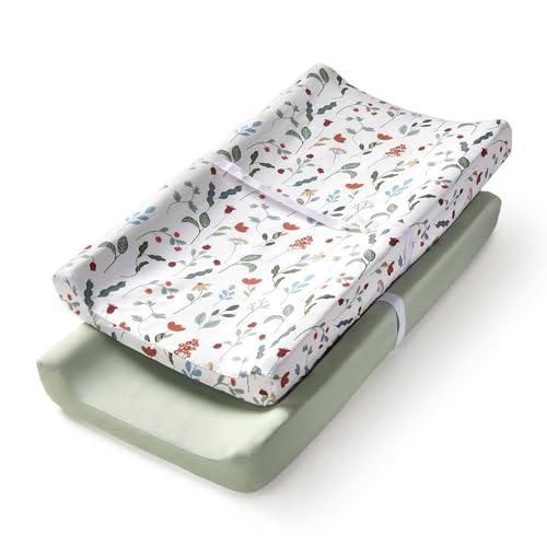 TILLYOU Changing Pad Cover Set in Soft Jersey Material - Fits 32"/34''x16 Contoured Pad for Babies, Forest Floral
