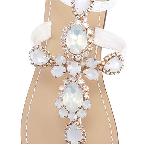 Image of ZhuLinFeng Women'S Rhinestone Gladiator Sandals Flat Wedding Sandals Gem Pearl Sparkling Bridal Bridesmaid Sandals Blue Bohemian Sandals