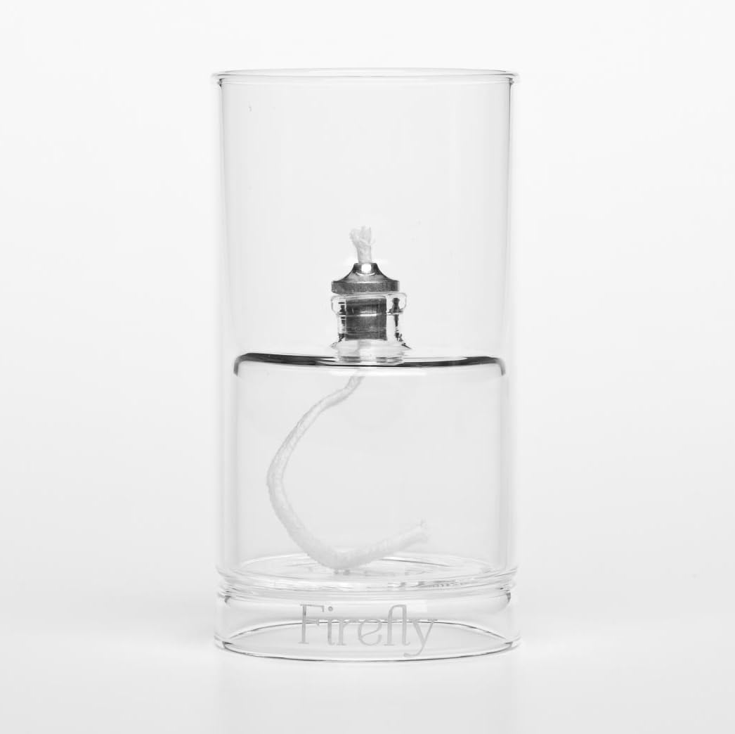 Firefly Fuels Refillable Glass Candle - Ethereal Reusable Oil Candle - 4.5” Hurricane Lantern for Restaurant Ambience, Indoor Lighting and Outdoor Events. Use with Liquid Paraffin or Lamp Oil
