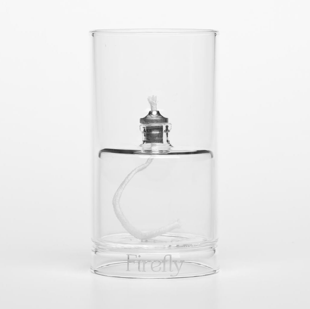 Firefly Fuels Refillable Glass Candle - Ethereal Reusable Oil Candle - 4.5” Hurricane Lantern for Restaurant Ambience, Indoor Lighting and Outdoor