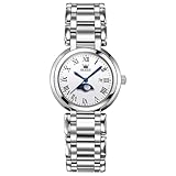 OLEVS Ladies Watches Silver Stainless Steel Analog Quartz Dress Cuff Watch for Women Small Wrist White Round Waterproof Watches Women Elegant Roman Numerals with Date Star Moon Women's Watch