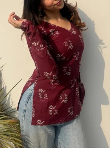 Image of Women Pure Cotton Floral Printed Short Kurti | Square Neck | Full Sleeves | Stylish Ethnic Kurta | Back Tie-Up | Casual Wear Kurta
