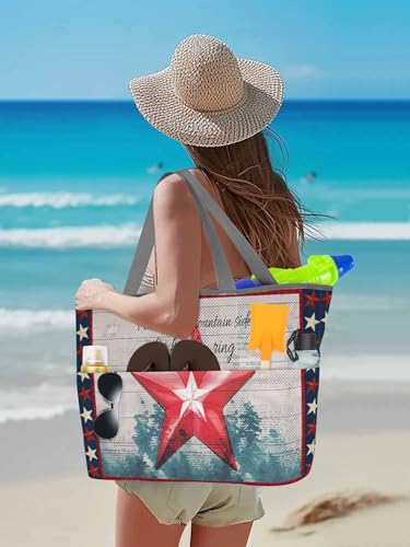 Beach Bags Women Mesh Tote Bag 4th of July Vintage Red Patriotic Star Toy Grocery Pool Bag with Pockets for Travel/Picnic3