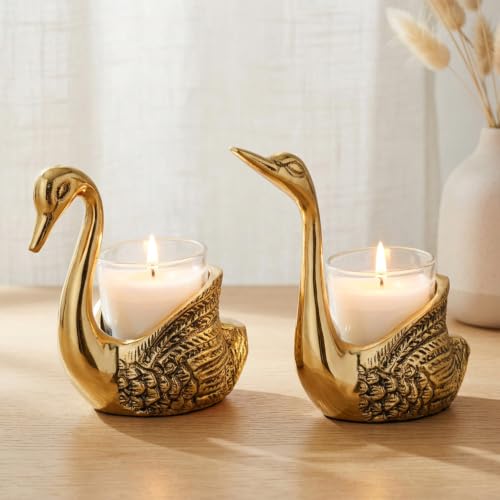Image of Amazon Brand - Solimo Aluminium Pair of Swans Candle Holder Showpiece | Gold Finish | Feng Shui Home Decor for Living Room, Table & Puja | Good Luck Gift (Candles Not Included)