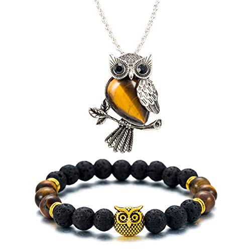 Softones Owl Necklace Healing Crystals Necklace For Women Men Reiki Spiritual Energy Gemstone Necklace Lava Owl Bracelet Set Gifts For Women With Gift Box #TOP1