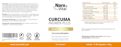 Kurkuma Ingwer Kapseln hochdosiert - Mit Curcuma Extrakt, Gerstengras, Kurkuma Pulver, Ingwer, Piperin, Curcumin - 90 vegane Kapseln - Alternative zu Tabletten