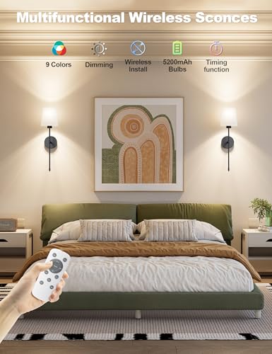 Battery Operated Wall Sconce Set of 2，Black Wireless Wall Sconce with 5200mAh Dimmable Detachable Bulbs and Remote, 10 Colors Rechargeable Sconces Decor for Bedroom Living Room Hallway