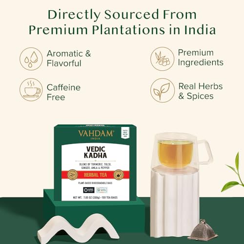Image of VAHDAM, Vedic Kadha Herbal Tea Bags (100 Ct) Caffeine Free, 100% Real Ingredients - Turmeric, Black Pepper, Amla, Tulsi, Ginger, Cloves | Pure Herbal Tisane - Earthy, Savory | Resealable Ziplock Pouch