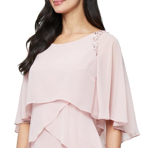 Image of S.L. Fashions Women's Tiered Chiffon Cocktail Party Dress with Attached Cape & Beaded Shoulders (Petite and Regular Sizes)
