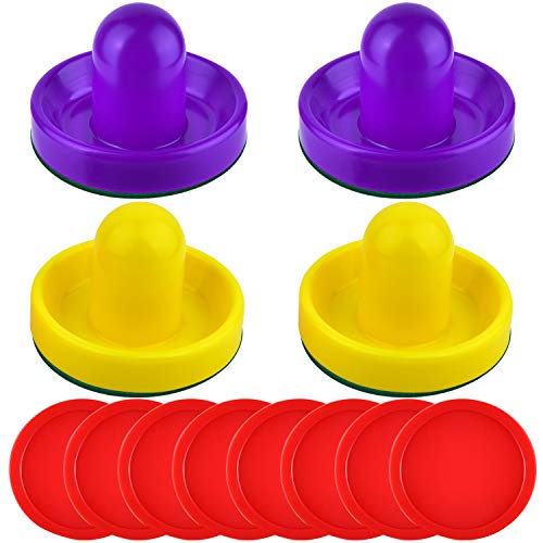 Coopay Air Hockey Pushers and Red Air Hockey Pucks, Goal Handles Paddles Replacement Accessories for Game Tables(4 Striker, 8 Puck Pack) (Purple and Yellow)