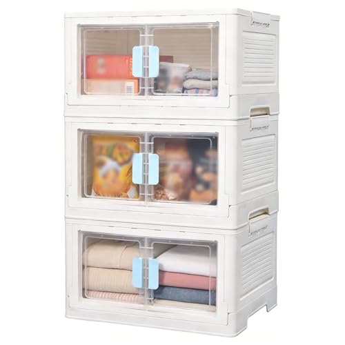 Vunanvu 3 PCS Cajas Almacenaje Plastico con Tapa 50L, Cajas de Almacenamiento Apilables con 4 Ruedas y Puertas Delantera, Caja Organizadoras de Plastico Plegable para Snacks Ropa Juguetes y Libros