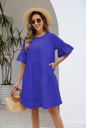 Image of Choichic Button Down Shirt Dresses for Women with Pockets Flare Bell Sleeve A-Line Midi Tunic Dress