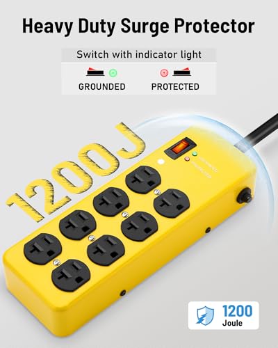 KeBen Extensión 20A Heavy Duty Power Strip Protector contra Sobretensiones, Amarillo, Calibre 12, 8 tomas, 10 pies miniatura 3
