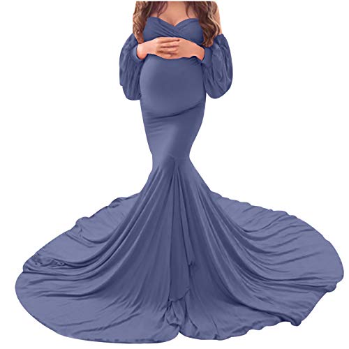 Maternity Photoshoot Dress Off Shoulder Long Sleeve Dresses Mermaid Long Dress Pregnancy Gowns Photography Dress Blue