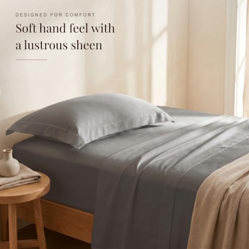 Image of HUESLAND 300 TC Premium Pure Cotton Sateen Weave Single Bedsheet with 2 Pillow Covers | Steel Grey | 88 x 55 Inches