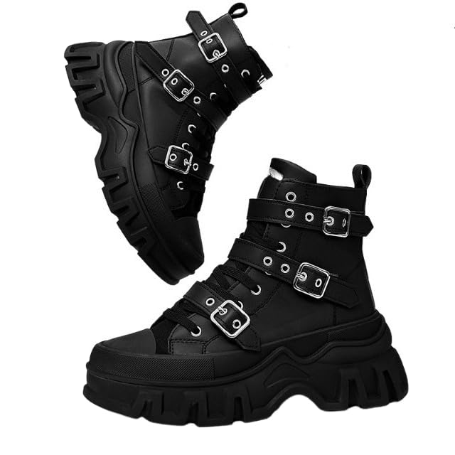 Womens Gothic Platform Ankle Boots with Buckles Chunky Heels Punk Combat Motorcycle Booties