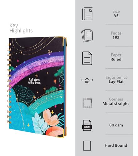 Image of Doodle Undated Daily Planner I Weekly Planner I A5 I Hard Cover I Wiro I192 Ruled Pages I 80 GSM I Lay Flat Design I Metal Corners I Plan your day, To do List (Dreamy Start - Black)