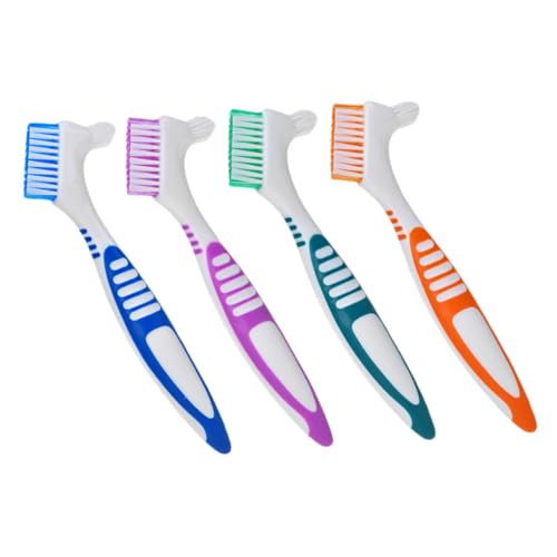 TOVINANNA 4pcs Ergonomic Denture Brush Double Sided Bristle Brush Toothbrush Multifunctional Cleaning Denture Tool Hard Bristle Cleaner Portable