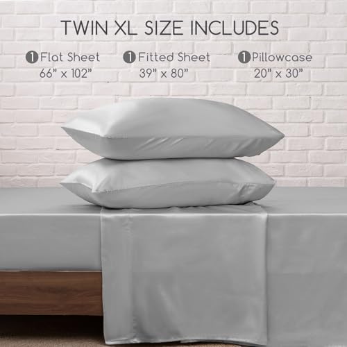 Image of MR&HM Satin Bed Sheets, Twin XL Size Sheets Set, 3 Pcs Silky Bedding Set with 15 Inches Deep Pocket for Mattress(Twin XL, Silver Grey)