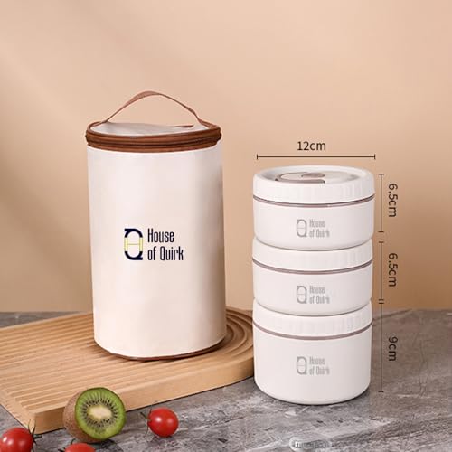 Image of House of Quirk 304 Stainless Steel Bento Lunch Box for Adults, 3 Stackable Containers with Insulated Thermal Case, Microwave Safe & Portable 2 x 420ml & 1 x 620ml (Beige)