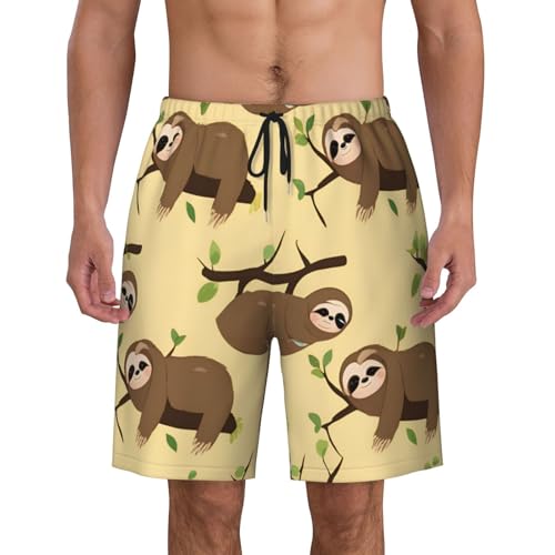 Cute Sloths On Yellow Lemons Print Men's Beach Pants Lightweight Quick-Dry Swim Pants with Mesh Lining for Men