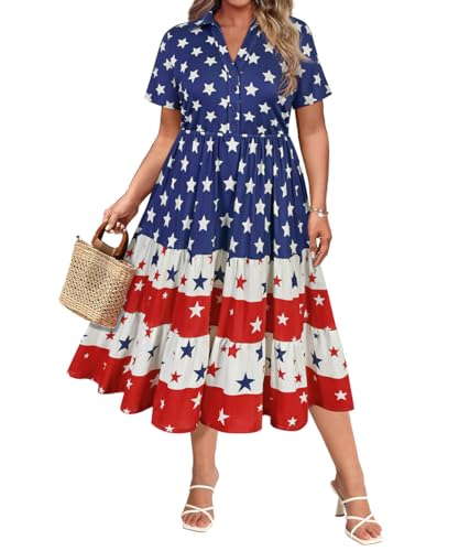 Image of CARCOS Plus Size Dresses for Curvy Women Collared Vneck Short Sleeve Dresses Midi Summer Ruffle Dress with Pocket XL-5XL