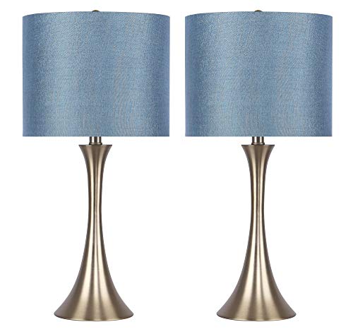 24 Gold Plated Table Lamps w/ Flared Body & Teal Sparkly Linen Shade (Set of 2)