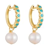 RDSGYZ Pendientes de aro de oro para mujer 750 585 375 de oro auténtico, pendientes de aro con turquesa y colgante de perla, pendientes de boda sin alergias para mujeres, Metal precioso, Turquesa