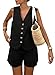 PRETTYGARDEN Women's 2 Piece Summer Matching Sets Button Front V Neck Vest Waistcoat Sleeveless Tops and Shorts with Pockets (Black,X-Large)