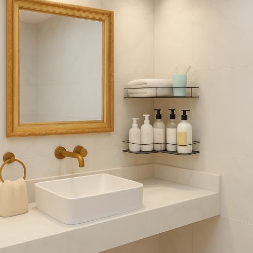 Image of Self Adhesive Bathroom Corner Shelf Without Drill, Stainless Steel Corner Rack, Shampoo Holder, Bathroom Storage Organizer, Rustproof (Black, Pack of 2)