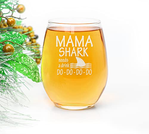 Carvelita Mama Shark Needs A Drink 15Oz Funny Stemless Wine Glass, Novelty Gifts For Mother, Mom Gift For Birthdays, Mother's Day, Christmas, Holidays, From Daughter, Son, Husband, Nephew #TOP2