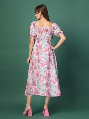 Image of OOMPH! Below Knee Shift Pink Dress in Crepe Fabric with Round Neck and Puff Sleeves - md619l
