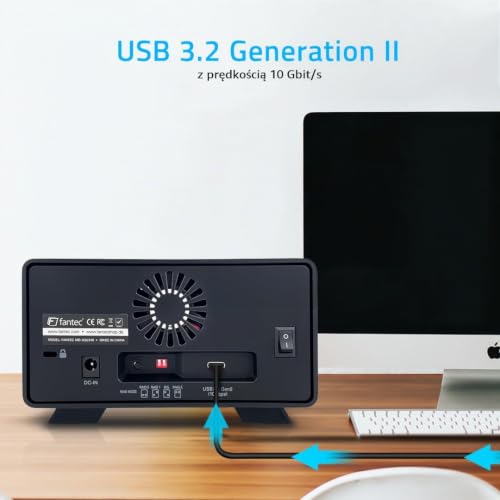 FANTEC 2-drożna obudowa dysku twardego RAID USB-C 3.1 Gen2 10G do montażu 2X 3,5/2,5 cala SATA I/II/III HDD/SSD. Bez nośnika, z blokadą, 2 x kabel USB. Obudowa aluminiowa czarna