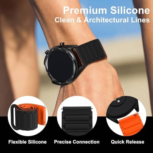 WOCCI 20mm Magnetic Silicone Watch Band, Tactile Ridged Texture, Quick Release (Black+Orange) - 3
