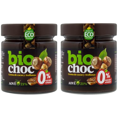 Biochoc - Avellana 0% azúcar – Crema de cacao con Aceite de Oliva Virgen Extra Ecológico - 100% Ecológica - Sin gluten, Sin leche, Sin huevo 200 g. (Pack 2)