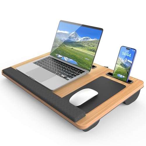 HETTHI Laptop Lap Desk, Portable Large Laptop Desk for Bed, Up to 17 in Lap Table with Wrist Rest, Mouse Pad, Tablet Phone Slot, Portable Handle, Cushion (Light Brown)