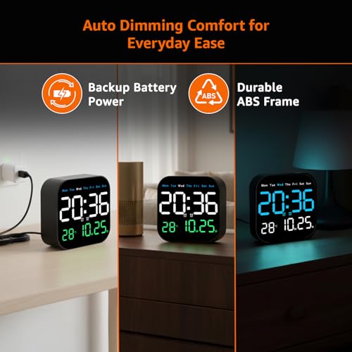 Image of Amazon Basics LED Digital Clock with Remote, 12 /24 Hr Format,Black Color, ABS, Dual Alarm, Auto Dimming Display, Temperature Display, USB Powered with 2M Cable, Wall /Table Use (Size: 185 x 28 x 185 mm)