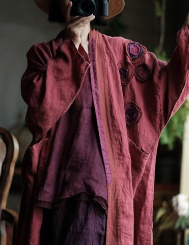 NFYM Women Loose Vintage Linen Kimono Trench Coat Applique Flower Open Front Cardigan Jacket Long Outwear with Pockets2