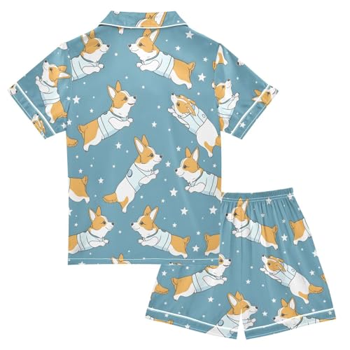 ALAZA Cartoon Dog Star Blue Pajamas Satin Pajama Set Short Sleeve Button Down Sleepwear2