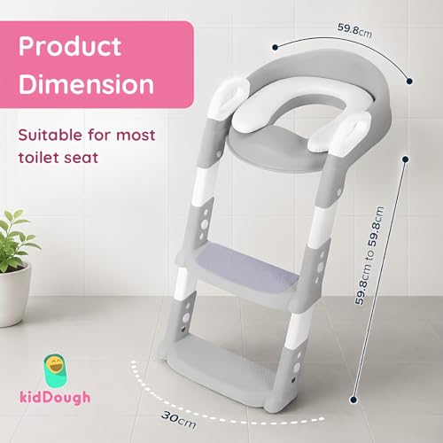 Image of KidDough Potty Training Seat with Ladder, Splash Guard, Handle and Cushion Seat, Polypropylene, Grey, Modern Style, for Kids (Potty Seat with Ladder, Grey)