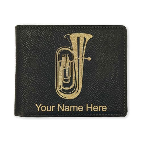 LaserGram Faux Leather Bi-Fold Wallet, Tuba, Personalized Engraving Included (Black with Gold)