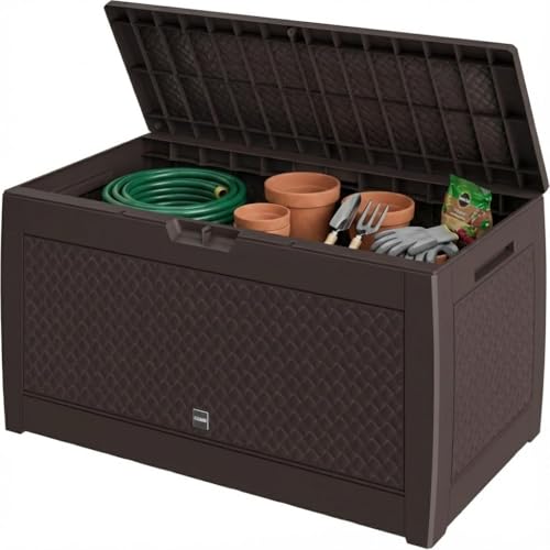 CASARIA® 310L Waterproof Garden Storage Box | Plastic Storage Box with Lid | Storage Boxes with Lids | Parcel Deck Box Lockable Storage Boxes | Weather Resistant | 119x48x60cm | Woven Effect | Brown