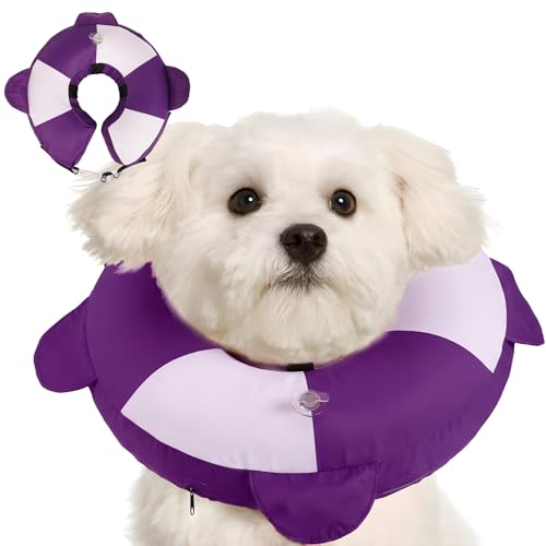 Image of Inflatable Dog Cone Collar Alternative After Surgery,Comfortable Anti-Licking & Biting Recovery Donut Collar,Lightweight Waterproof Easy to Clean (Purple,Small)