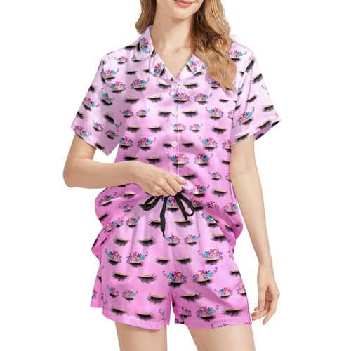 Image of Silk Satin Pajama Set for Women Summer Lounge Pjs Sets 2 Piece Suit Ladies Button Down Tops And Shorts Sleepwear