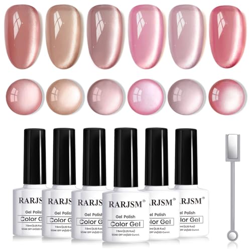RARJSM Nude Glitter Cat Eye Gel Nail Polish Set 6Pcs Ceramics Pin...