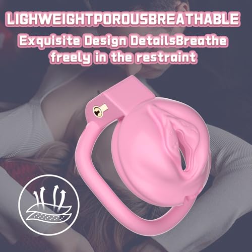 Image of Pseudo-Maiden Chastity Cage Lock 4 Rings.Vagina Penis Cage Sissy Sex Toys Breathable Resin Cock Cage for Sissy Men（Pink）