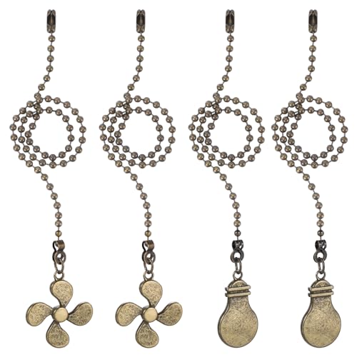 Image of uxcell 13 Inch Ceiling Fan Pull Chain Extender Sets, 4 Pcs Beaded Ball Fan Pull Chain with Decorative Light Bulb and Fan Cord for Ceiling Light Lamp Fan, Bronzy